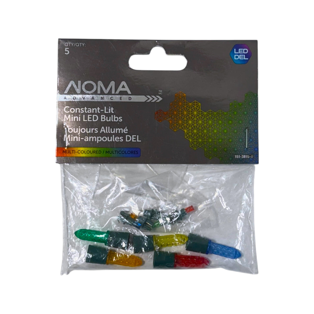 NOMA Advanced Constant-Lit multicoloured mini LED replacement bulbs, five-pack with coloured textured covers and green bases.