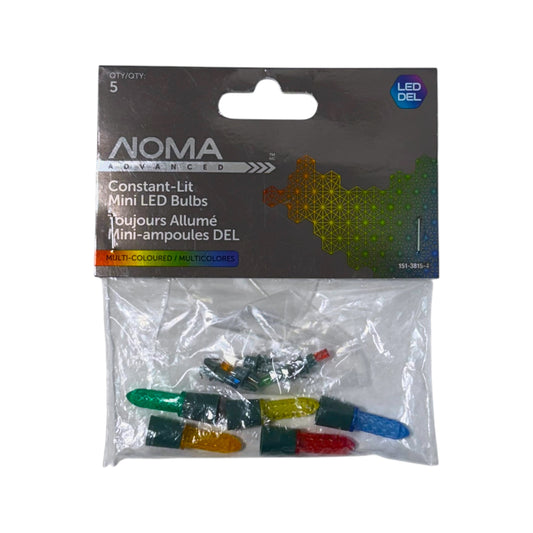 NOMA Advanced Constant-Lit multicoloured mini LED replacement bulbs, five-pack with coloured textured covers and green bases.