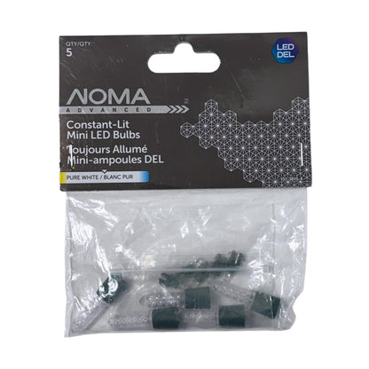 NOMA Advanced Constant-Lit pure white mini LED replacement bulbs 5-pack, front packaging with clear textured covers and green bases