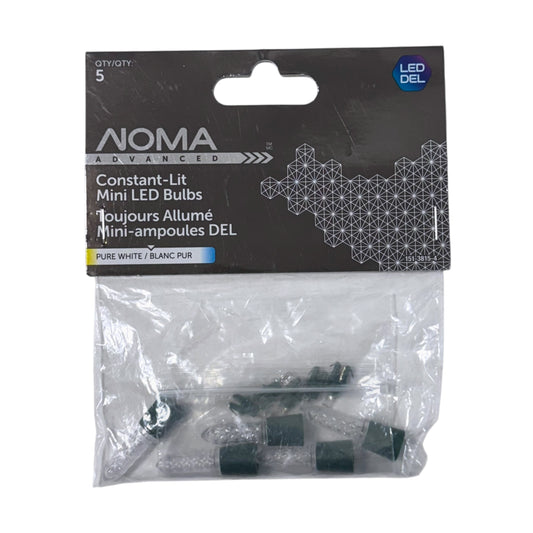 NOMA Advanced Constant-Lit pure white mini LED replacement bulbs 5-pack, front packaging with clear textured covers and green bases