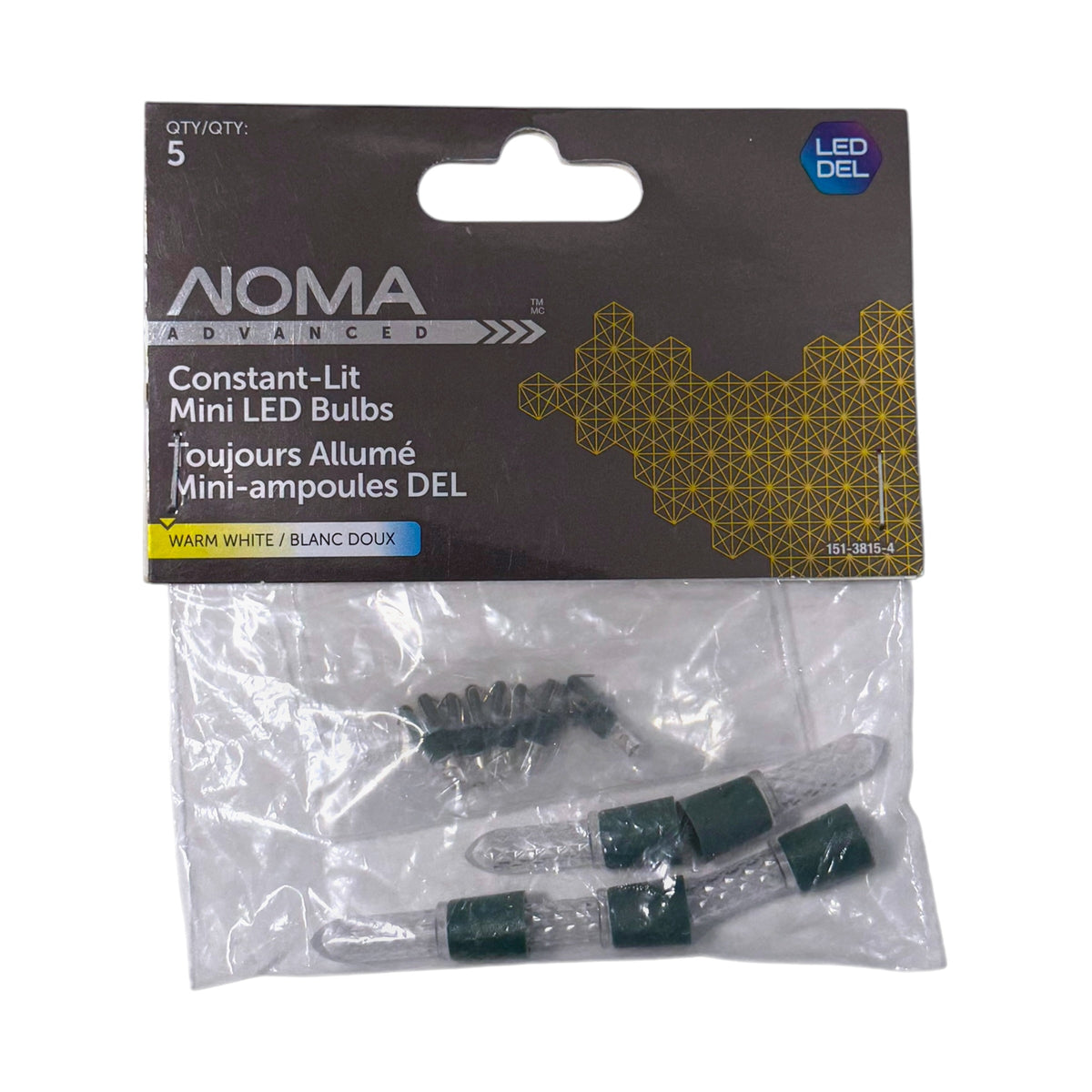 Front of NOMA Advanced Constant-Lit warm white mini LED replacement bulbs 5-pack with clear textured covers and green bases