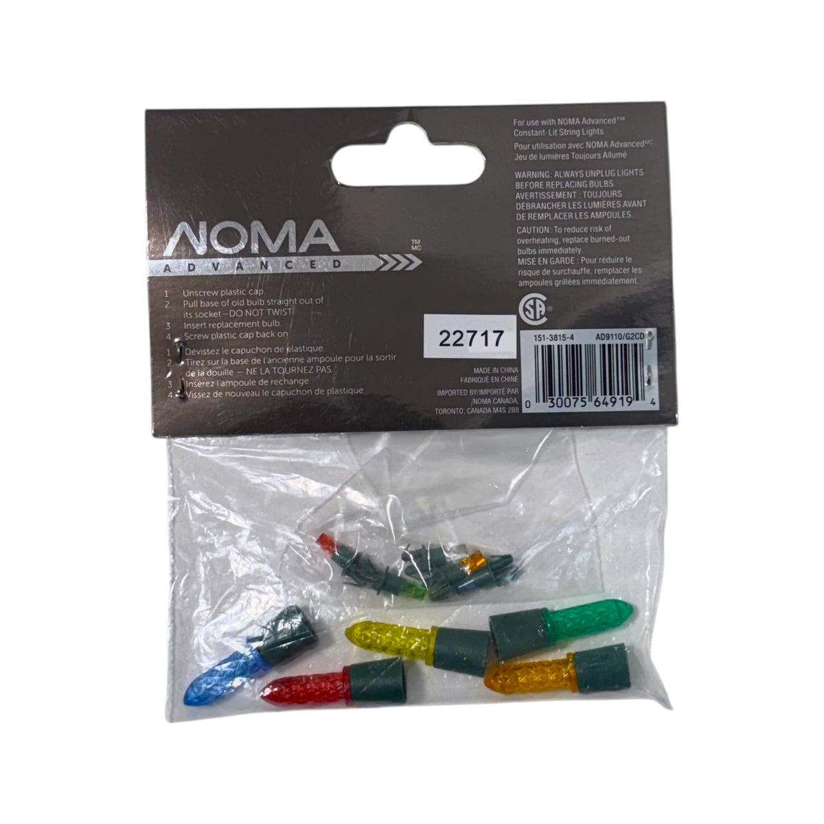 Back of NOMA Advanced replacement bulb packaging showing Constant-Lit string light compatibility, instructions and UPC 030075649194.