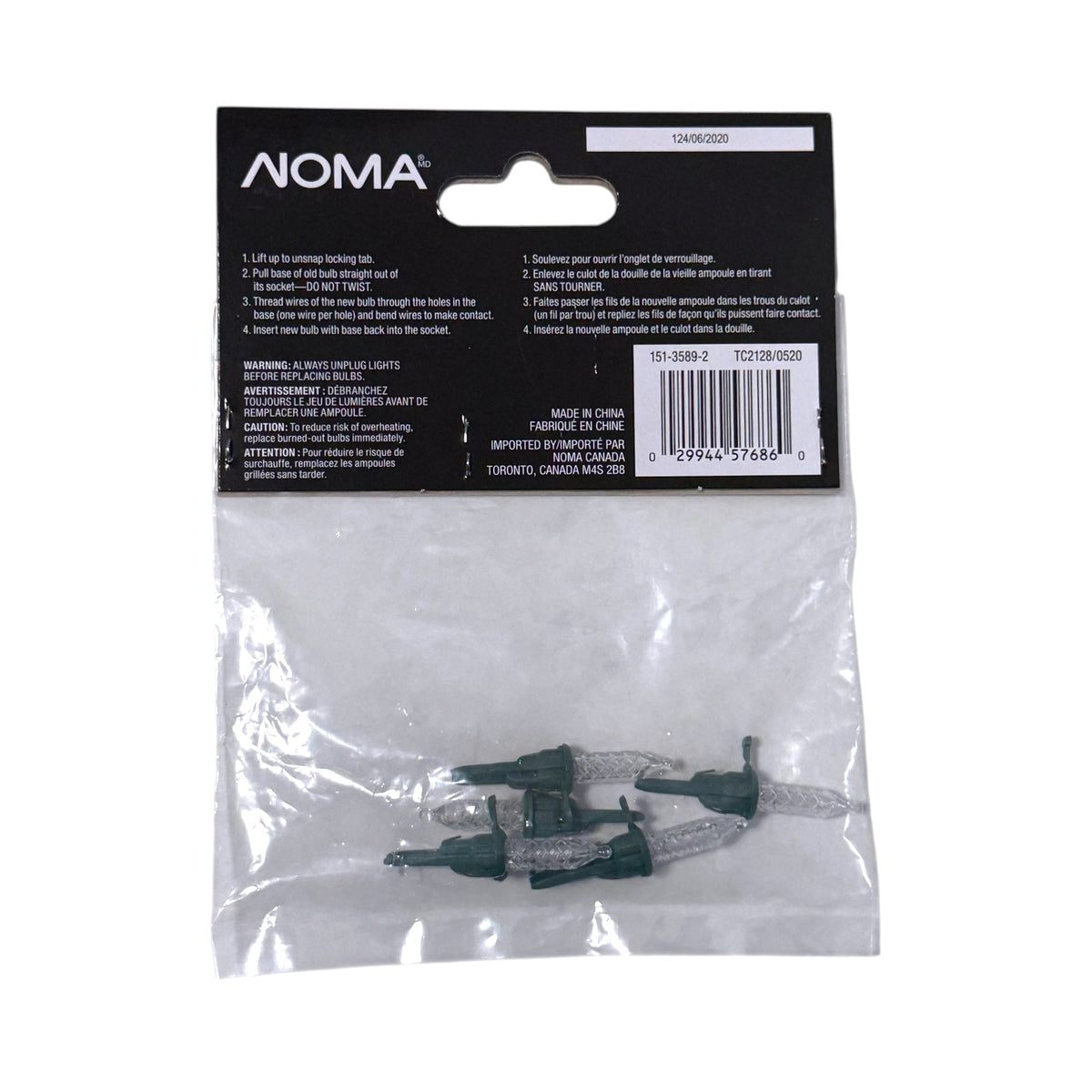 Back of NOMA mini LED replacement bulb packaging showing replacement instructions, item 151-3589-2 and UPC 029944576860.