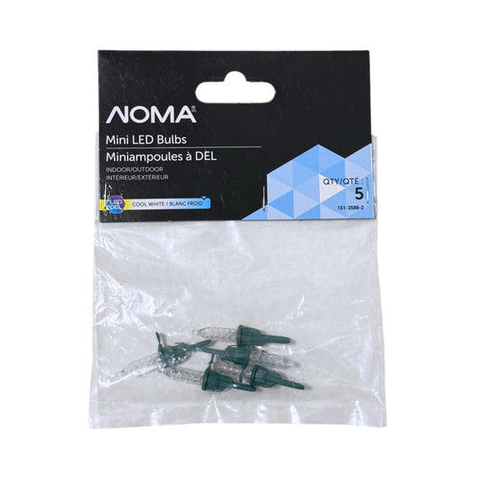 NOMA cool white mini LED replacement bulbs, five-pack with clear textured bulbs and green bases, marked for indoor and outdoor use.