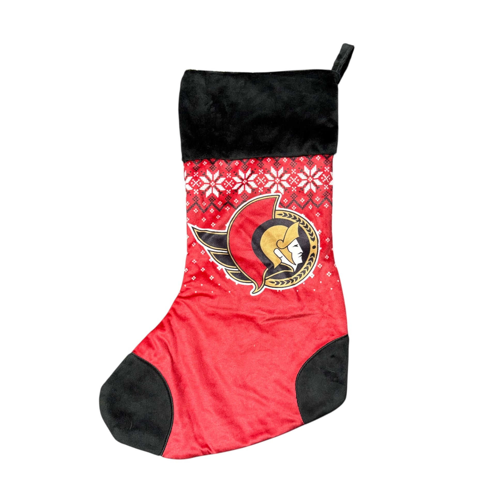 Red Ottawa Senators Christmas stocking with black accents and a logo on a white background