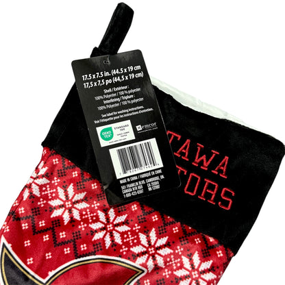 Red and black ottawa senators christmas stocking. Close up view of sale tag
