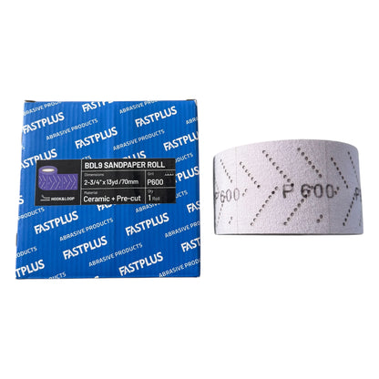 Fastplus sandpaper roll packaging with sandpaper roll on a white background