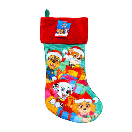 PAW Patrol Christmas stocking featuring Chase, Rubble, Marshall and Skye in Santa hats with presents and a red plush cuff