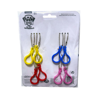 Back of the PAW Patrol keychain 8-pack showing blue, yellow, red and pink clips with metal ball chains.