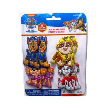 PAW Patrol 8-pack of keychains featuring two each of Chase, Rubble, Skye and Marshall in retail packaging.