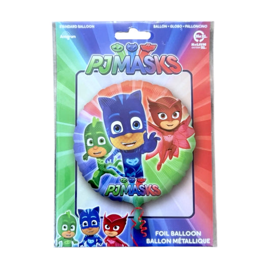 Anagram PJ Masks round foil balloon featuring Catboy, Owlette and Gekko, shown in its packaging.