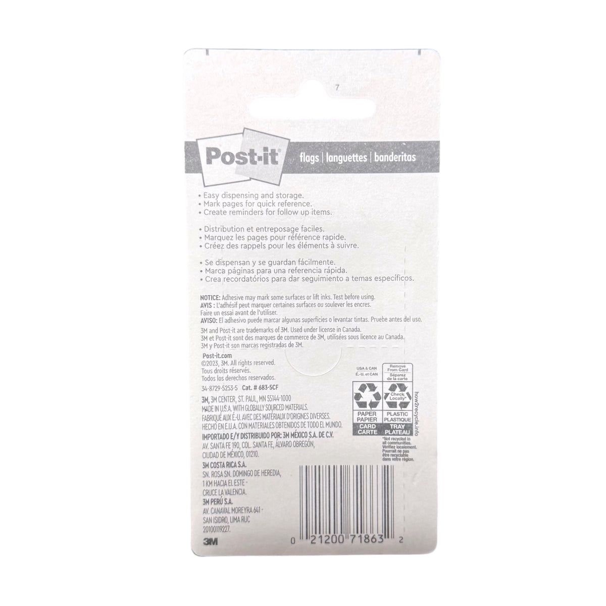 Back of Post-it 100-pack page flags packaging showing usage information and model 683-5CF