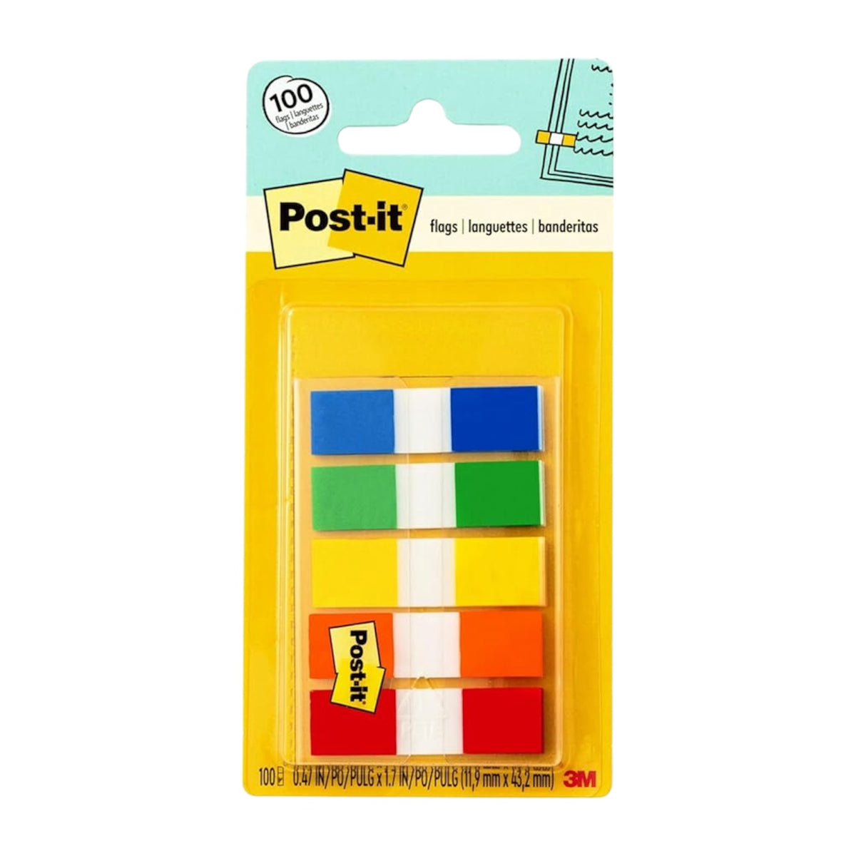 Post-it 100-pack page flags with dispenser in blue, green, yellow, orange and red, front of packaging