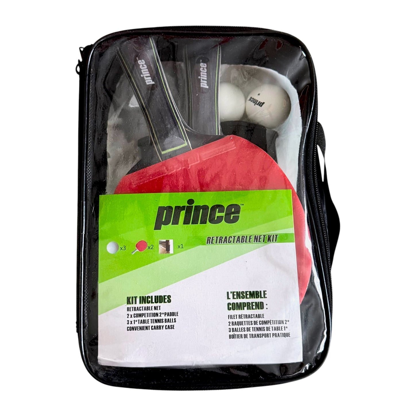 Prince retractable racket set in a clear zippered carrying case, showing a red racket, black paddles, and white balls inside.