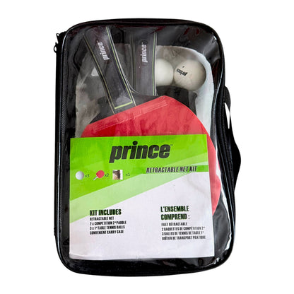Prince retractable racket set in a clear zippered carrying case, showing a red racket, black paddles, and white balls inside.
