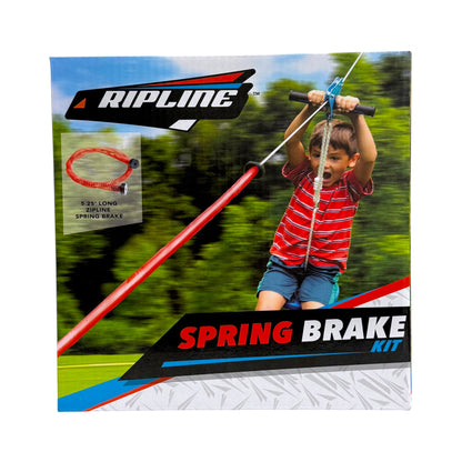 Front of Ripline Spring Brake Kit box showing the red 5.25-foot zipline spring brake in use