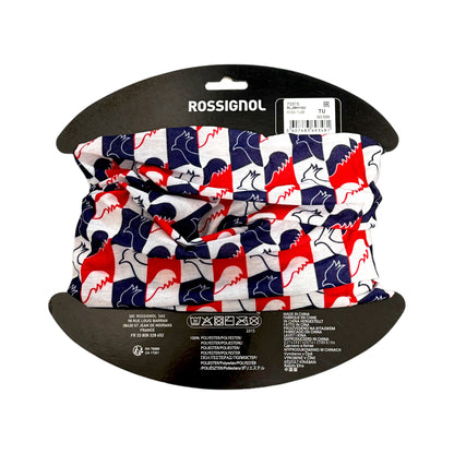 Back of Rossignol Rossi Tube neck warmer packaging showing the one-size label, model RLJMH16U and 100 percent polyester fabric information.