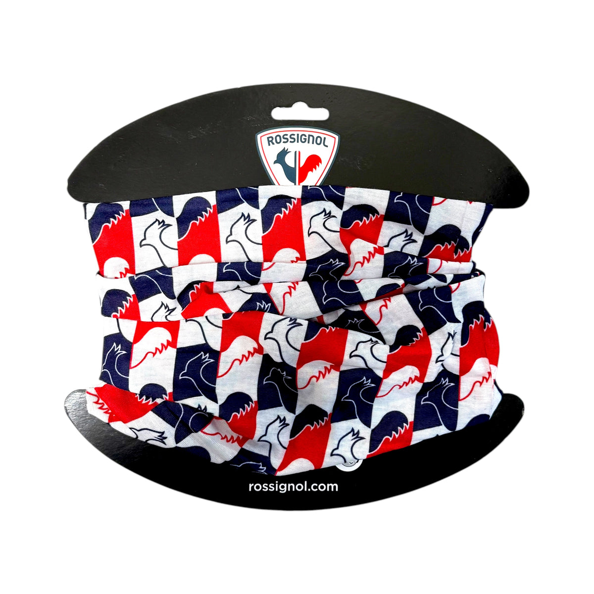 Rossignol Rossi Tube neck warmer in red, white and navy with an all-over rooster logo print, shown on its retail card.