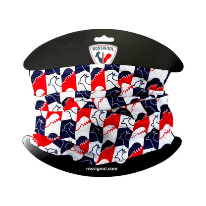 Rossignol Rossi Tube neck warmer in red, white and navy with an all-over rooster logo print, shown on its retail card.