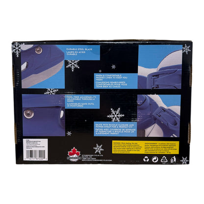 RYDE ice skates packaging showing steel blades, padded liner, size adjustment and buckle closure