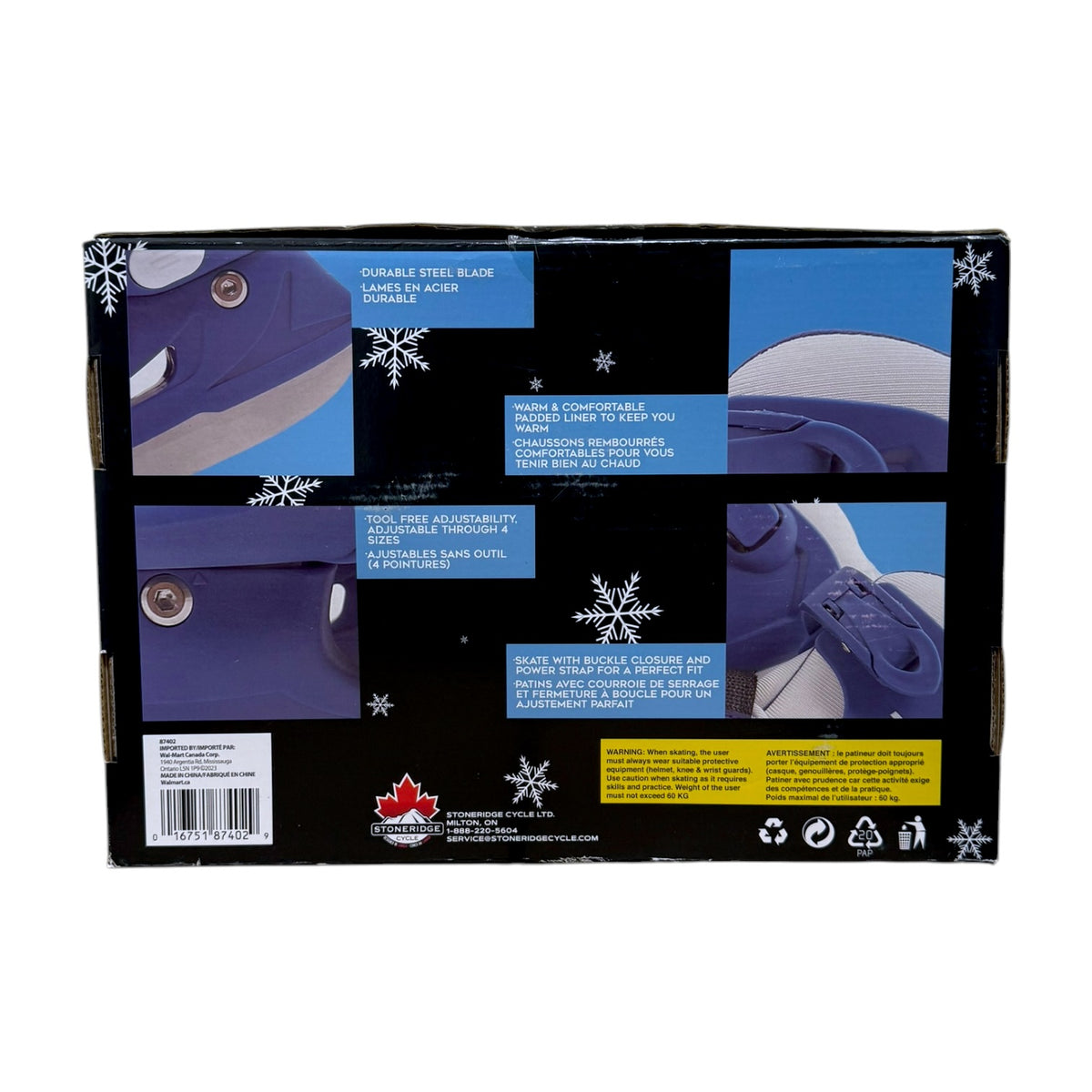 Back of RYDE 87402 ice skates box showing steel blades, padded liner, adjustable sizing and buckle closure