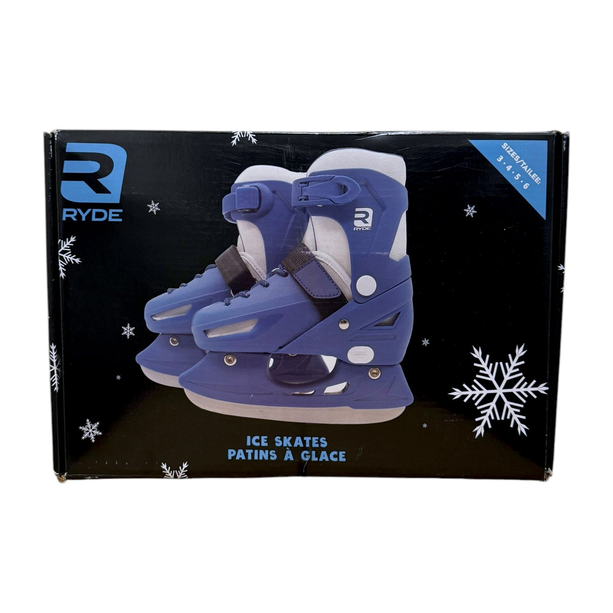 RYDE blue adjustable ice skates box showing sizes 3, 4, 5 and 6