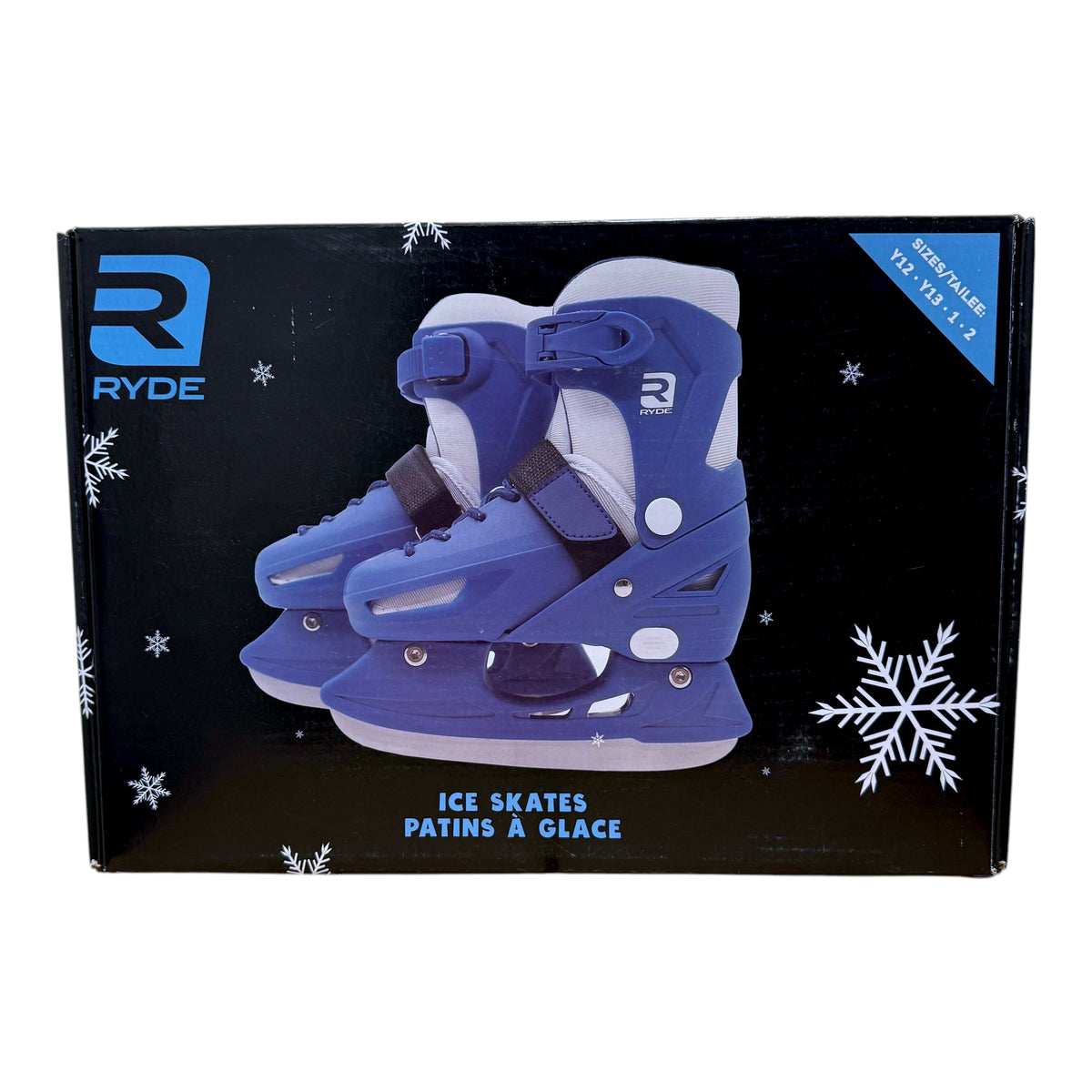 RYDE blue kids adjustable ice skates box showing sizes Y12, Y13, 1 and 2