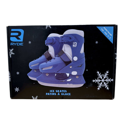 RYDE blue kids adjustable ice skates box showing sizes Y12, Y13, 1 and 2