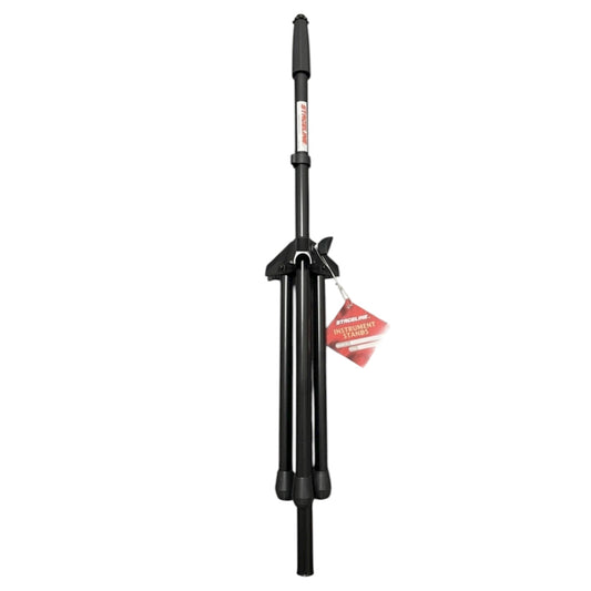 Black Stageline adjustable microphone stand with tripod legs folded alongside the centre shaft