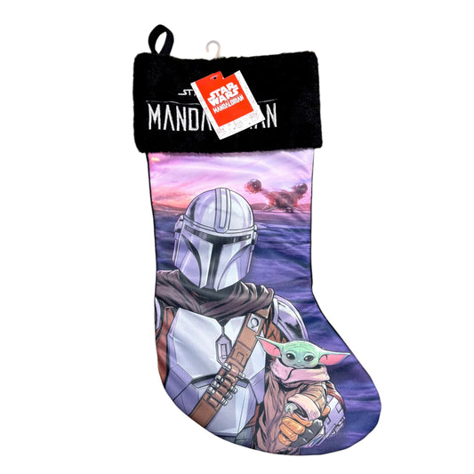 Star Wars The Mandalorian Christmas stocking featuring Din Djarin and Grogu with a black plush cuff
