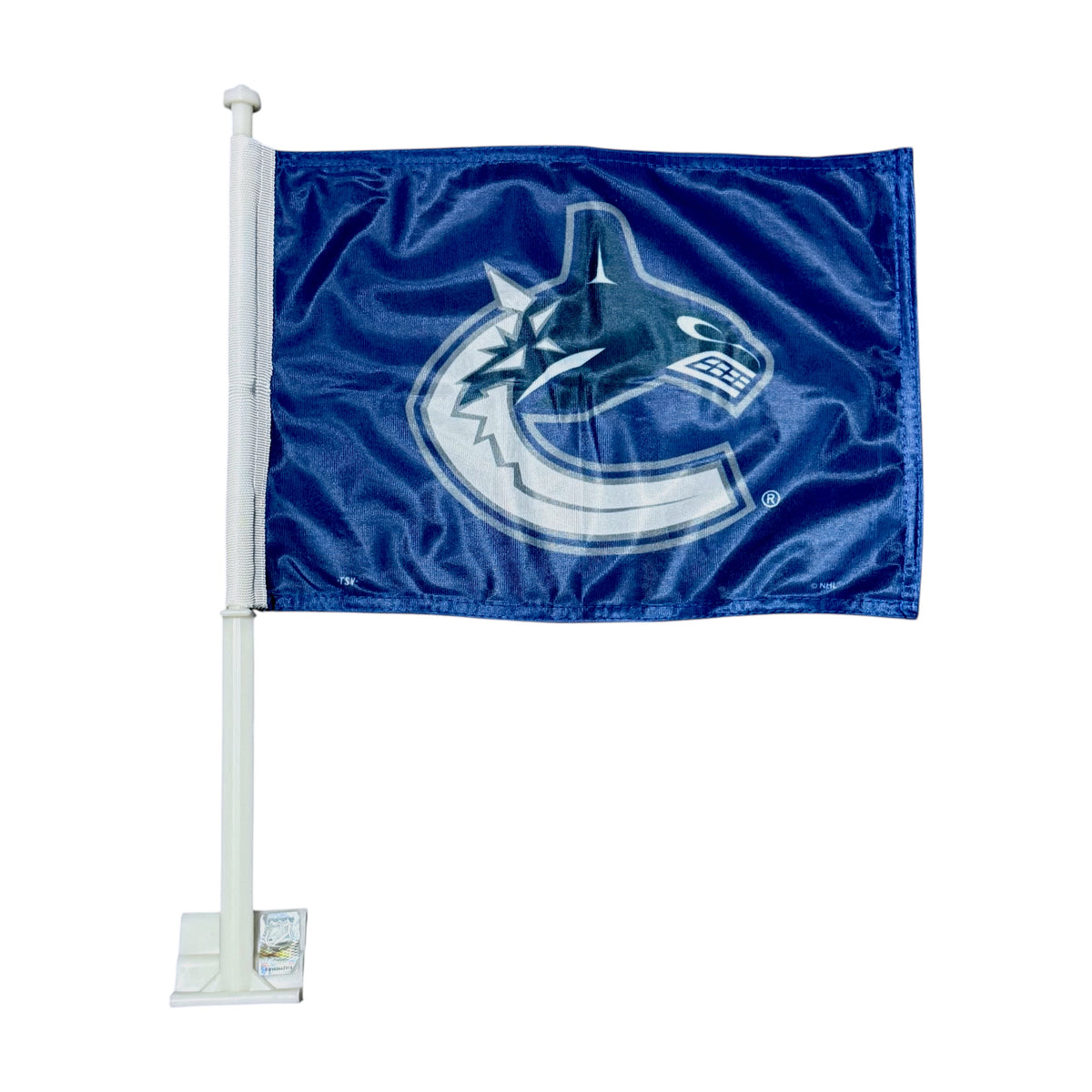 Vancouver Canucks blue NHL car window flag with team logo and white mounting pole. Shown on a white background.