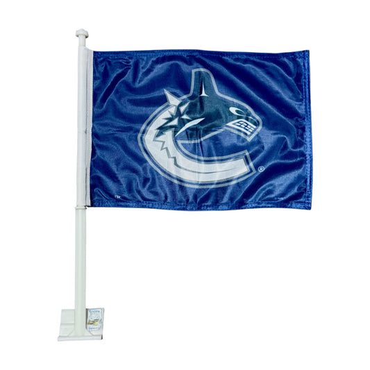 Vancouver Canucks blue NHL car window flag with team logo and white mounting pole. Shown on a white background.