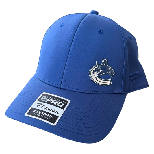 A royal blue Vancouver Canucks Fanatics PRO adjustable baseball cap with a white and blue team logo on the front and a white brand sticker on the brim.