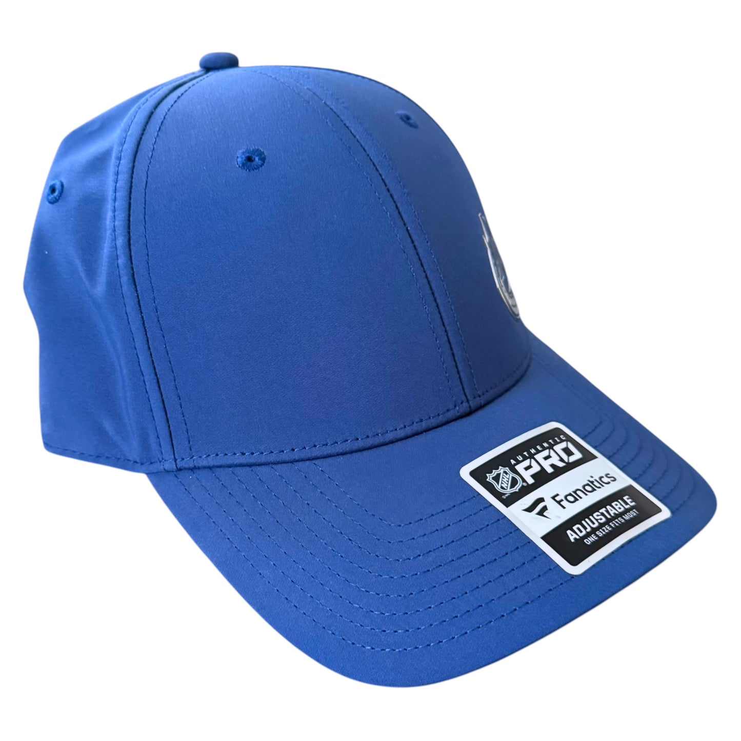 A Vancouver Canucks royal blue structured baseball cap with a curved brim, featuring a white and black 'Official NHL Fanatics Adjustable' patch on the brim and a small white NHL shield logo on the side.