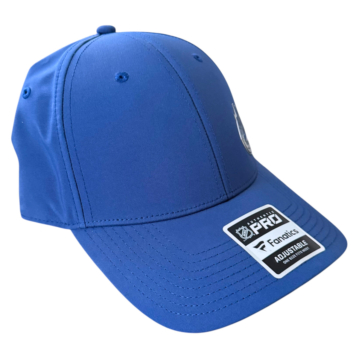 A Vancouver Canucks royal blue structured baseball cap with a curved brim, featuring a white and black 'Official NHL Fanatics Adjustable' patch on the brim and a small white NHL shield logo on the side.