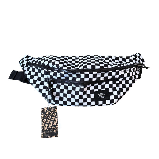 A Vans checkered fanny pack with a black and white checkerboard pattern, featuring a front zip pocket and a small black Vans logo patch. A matching small pouch with a black and white Vans text pattern is shown below the main bag on a plain white background.