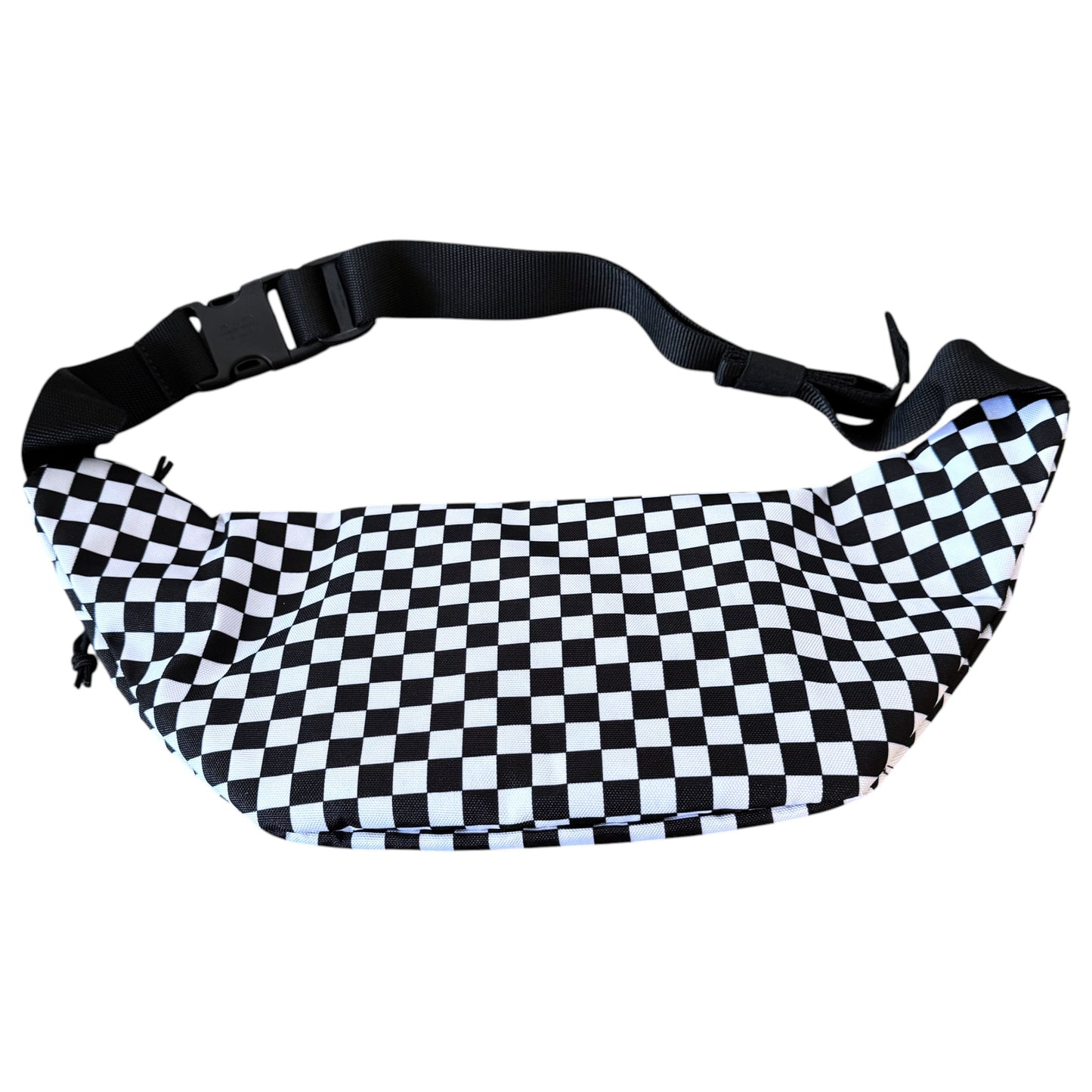 A black and white checkered fanny pack with an adjustable black webbing strap and plastic buckle, shown against a plain white background.