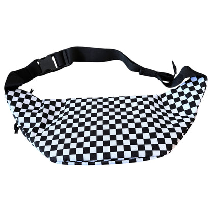 A black and white checkered fanny pack with an adjustable black webbing strap and plastic buckle, shown against a plain white background.