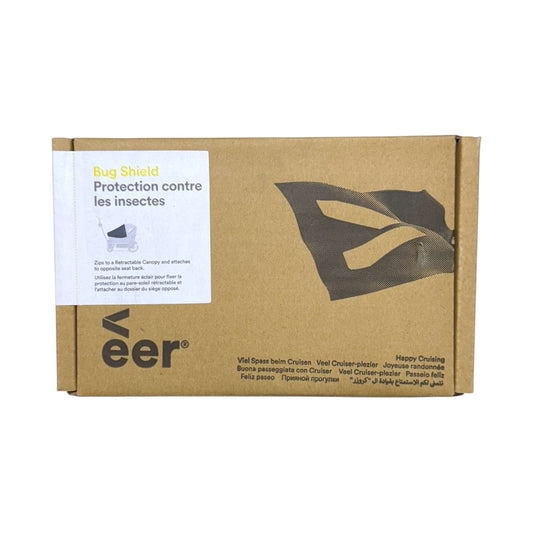 Front of Veer Cruiser Bug Shield box showing the mesh insect net and canopy attachment diagram