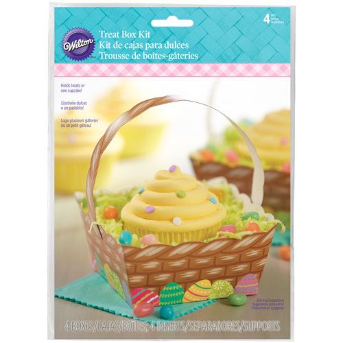 Wilton Easter Basket Treat Box Kit packaging showing a basket-print box with handle, Easter egg border and a cupcake serving suggestion.