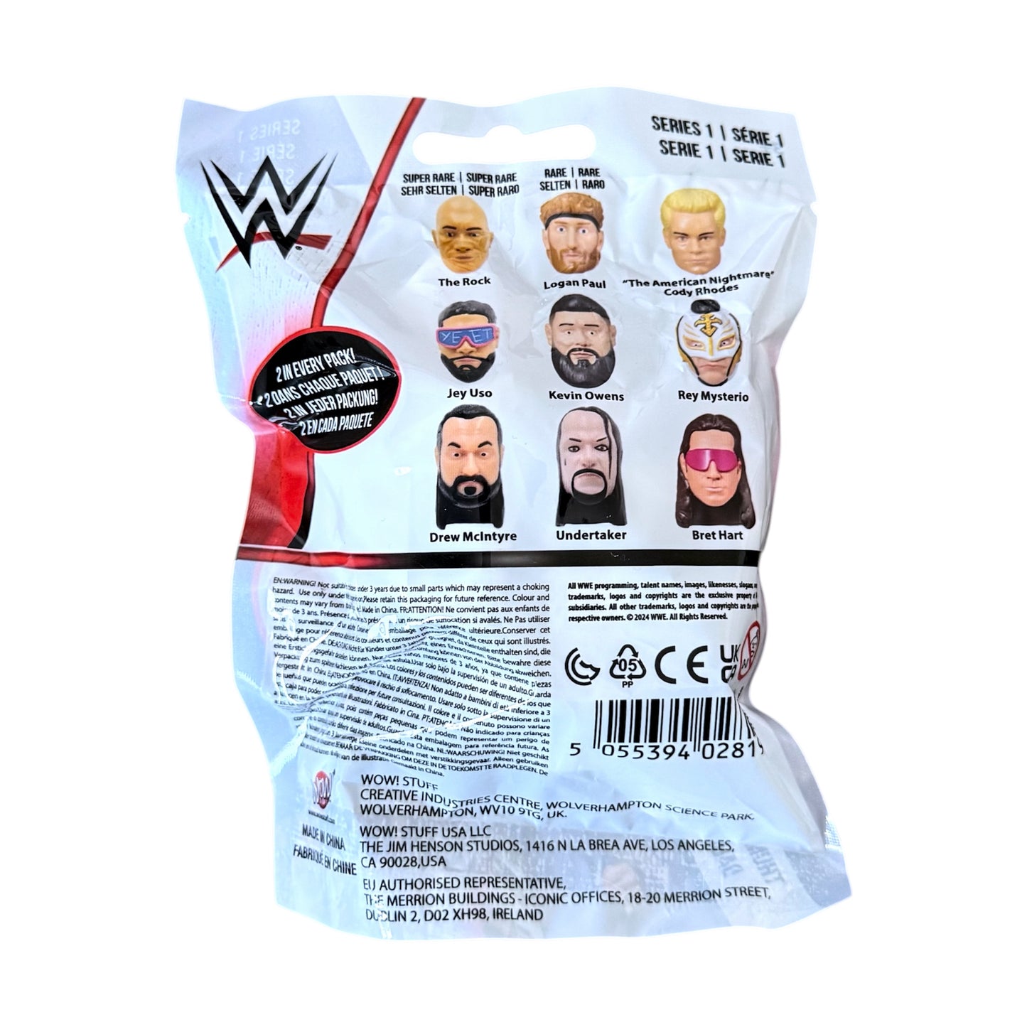 WWE toy packaging with character images and branding on a white background