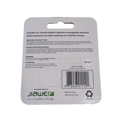 Back of Yards & Beyond rechargeable battery packaging showing 150 mAh capacity, model BT-NC-2/3AA-150-D4 and charging instructions