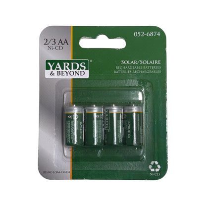 Yards & Beyond solar rechargeable batteries 4-pack, size 2/3 AA Ni-Cd, in green retail packaging